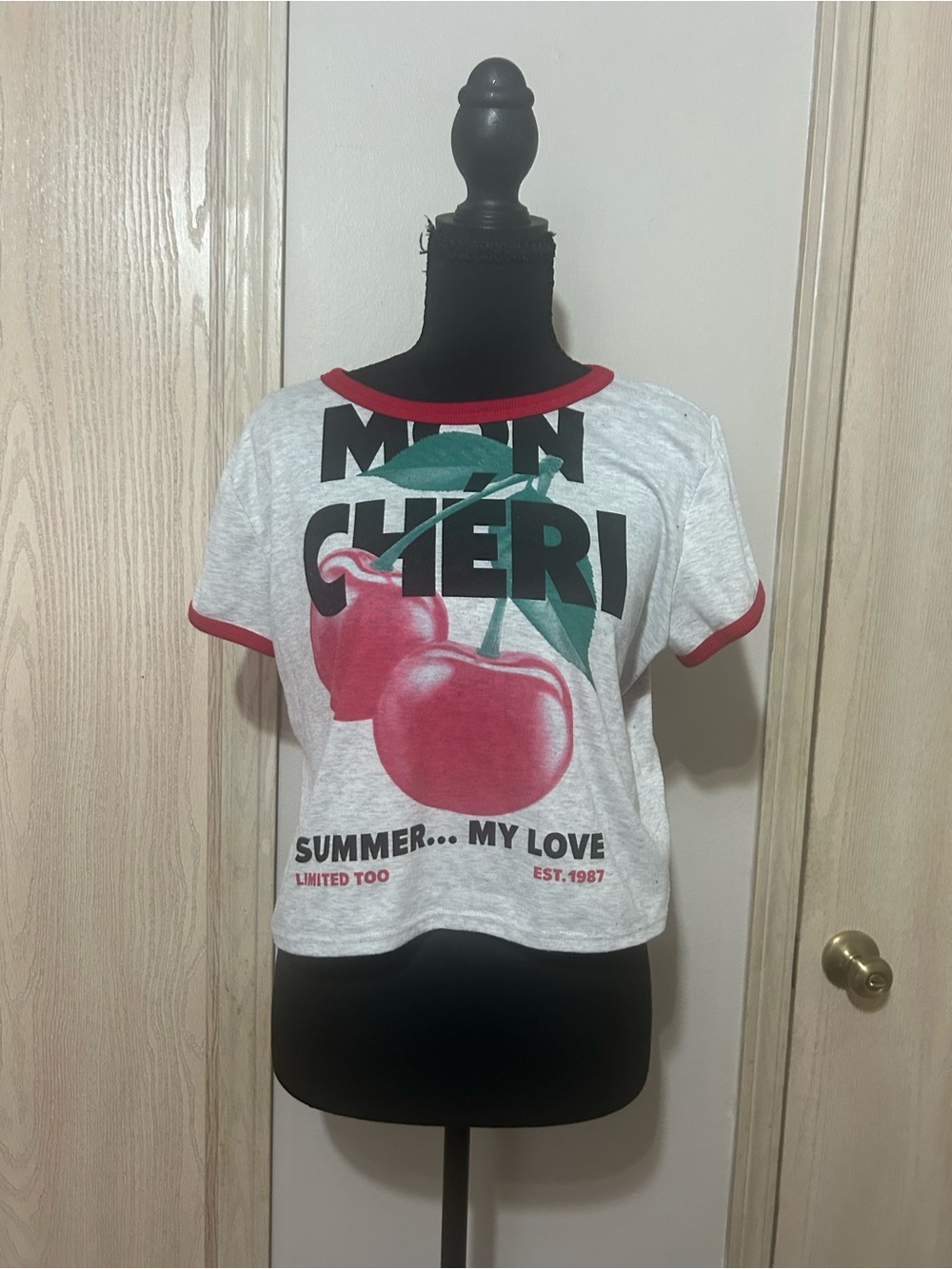 Limited Too Gray Tee with Red Cherry Graphic and Red Trim